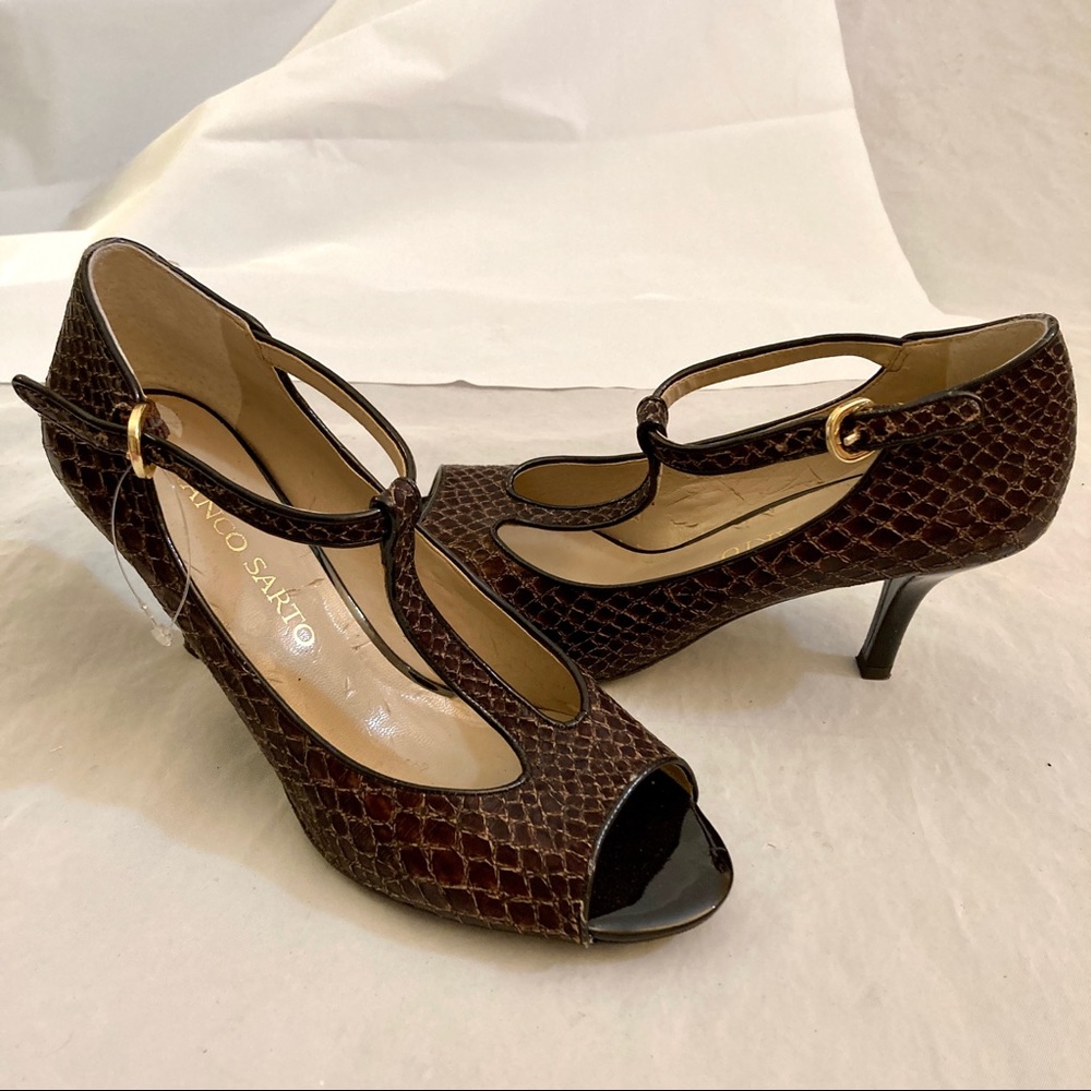 New Women’s Size 6 Shoes Franco Sarto Peep Toe 3” Heels Brown Faux Snake…
